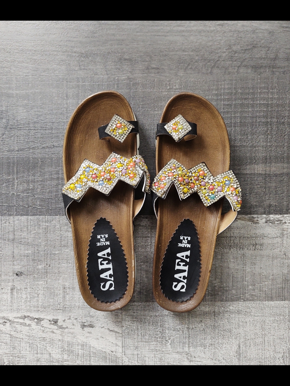 Beaded Rhinestone Slide Sandals size 7.5 Brown Multi-color